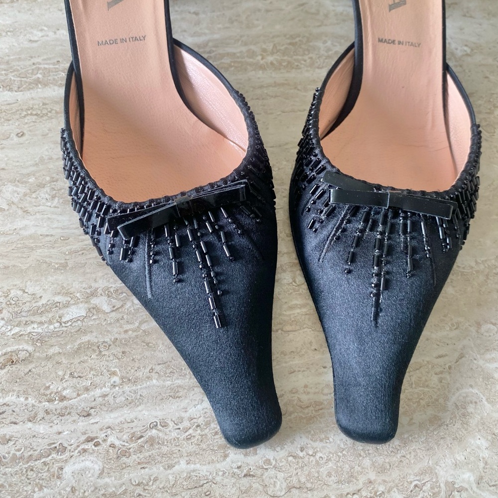 Vintage Prada Satin Beaded Bow Kitten Heel Mules - Picture 6 of 8